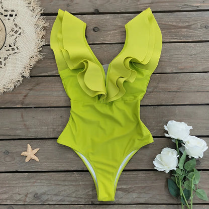 Floral Ruffle Deep V One-Piece Swimsuit - Porcelain Print Beachwear
