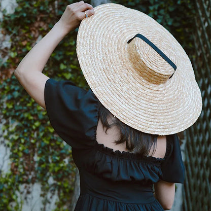 Handmade Flat-Top Straw Sun Hat - Ribbon Accent