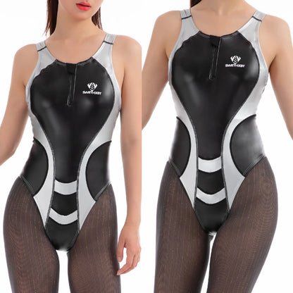 Glitter Athletic One-Piece Swimsuit - Zip Front