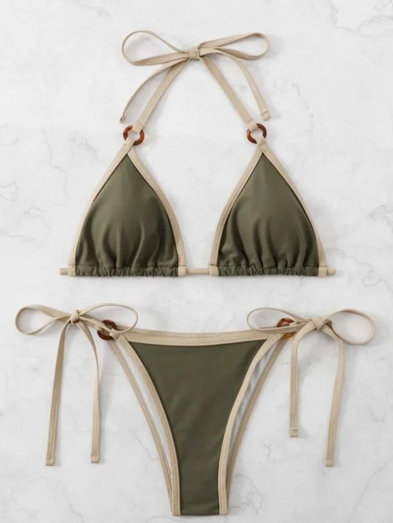 Green Ring String Bikini Set - Halter Thong Swimwear