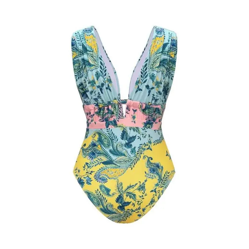 Printed One-Piece Swimsuit with Skirt - Vintage V-Neck Beachwear