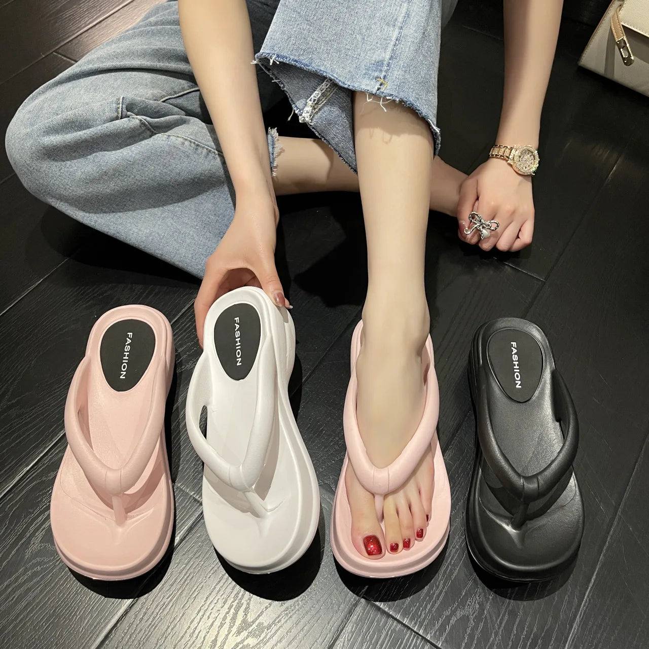 Thick Sole Wedge Flip Flops - Platform Beach Slides