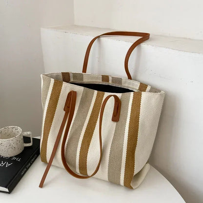 Striped Raffia Shopper Tote - Canvas Trim
