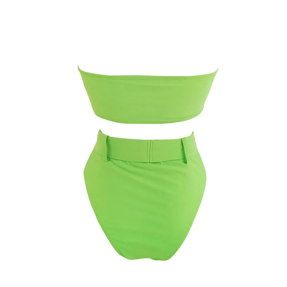 Solid Bandeau High Waist Bikini Set - Push Up Swimwear