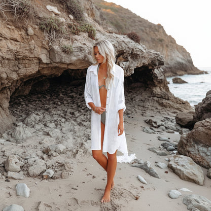 Self-Belted Kimono Cover Up - Resort Beach Shirt Dress