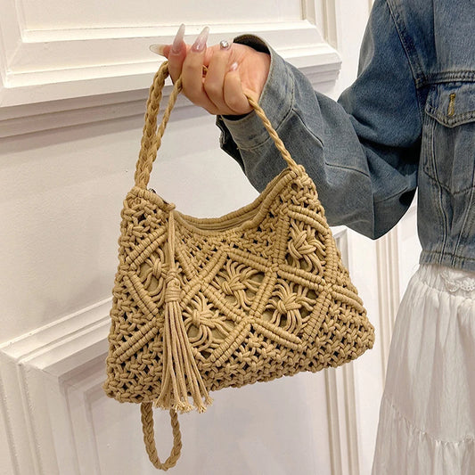 Woven Hollow-Out Straw Crossbody Bag - Tassel Detail