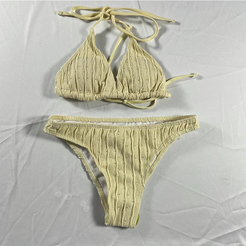 Jacquard Drawstring Bikini Set - Textured Two Piece Swimwear