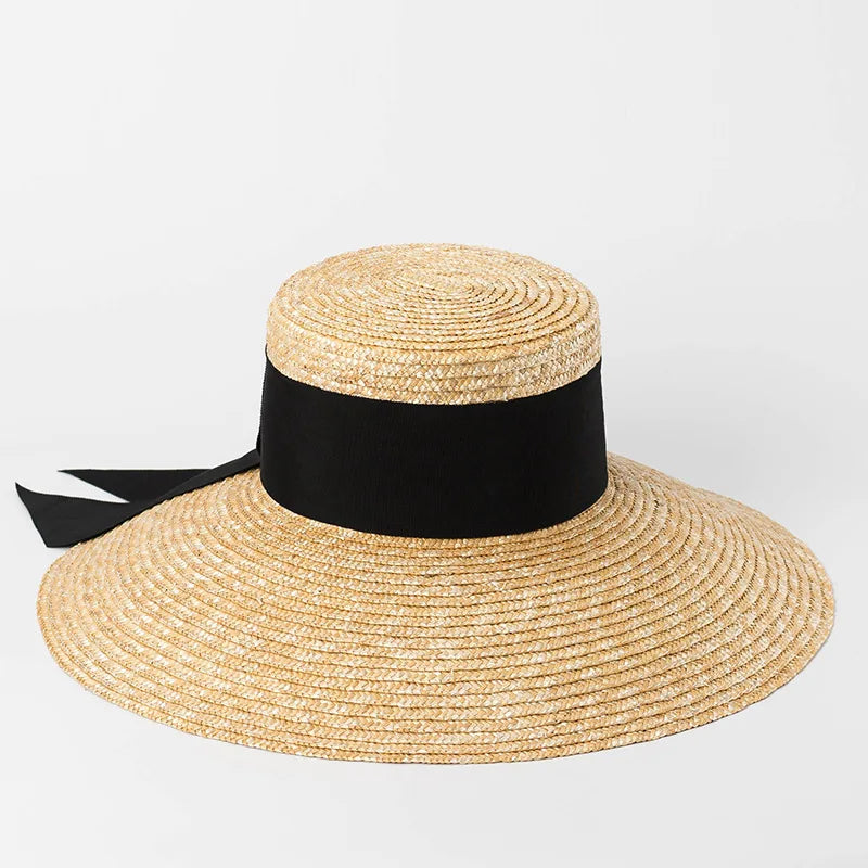 Bow Ribbon Flat-Top Straw Sun Hat - Vacation Style