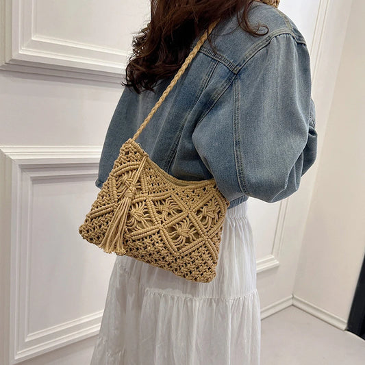Woven Hollow-Out Straw Crossbody Bag - Tassel Detail