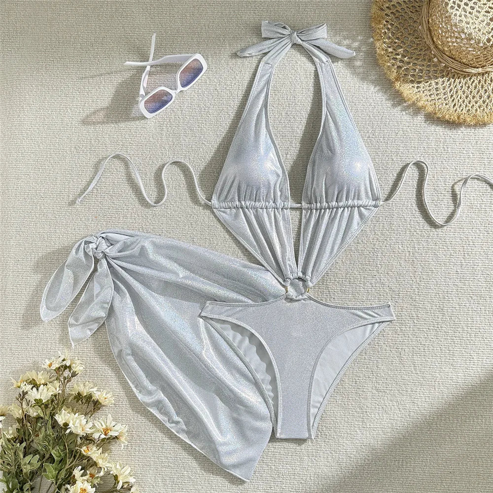 Shiny Halter Backless One-Piece Swimsuit - High Cut Monokini