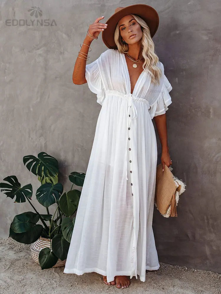 Long White Tunic Cover Up - Elegant Beach Dress
