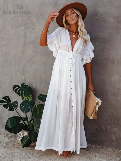 Long White Tunic Cover Up - Elegant Beach Dress