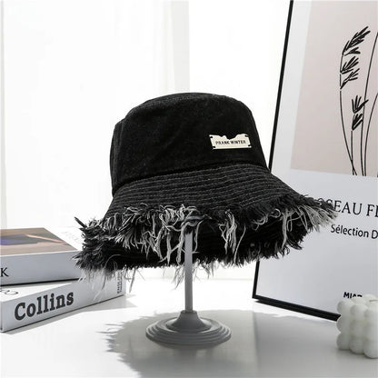 Washed Denim Bucket Hat - Tassel Edge Sun Hat