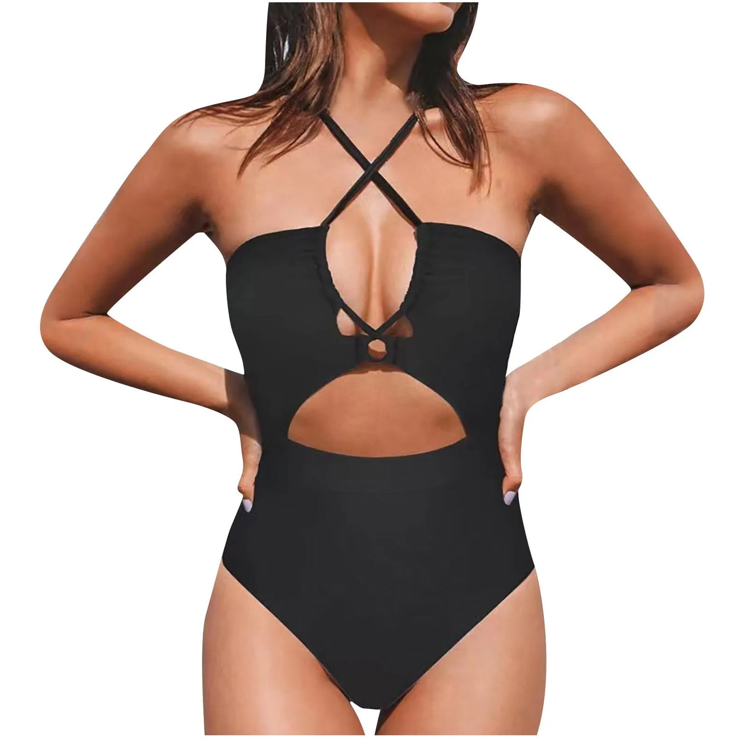 Cut-Out Push-Up Halter Monokini Swimsuit - Drawstring Detail