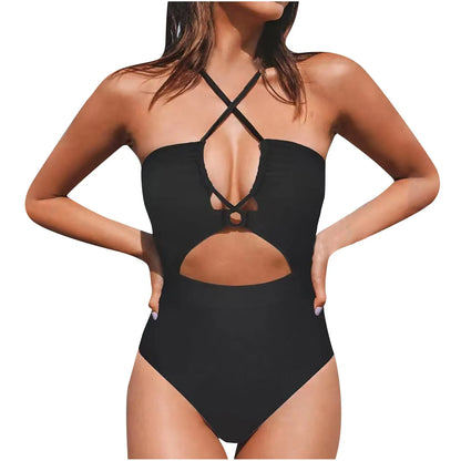 Cut-Out Push-Up Halter Monokini Swimsuit - Drawstring Detail