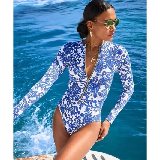2024 Swimsuit Long Sleeve Zip Blue White One Piece  Swimwear Women  Vacation Beachwear Luxury Bathing Suit Bikini surfing suit
