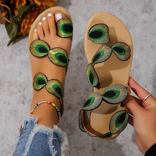 Embroidered Faux Flower Flat Sandals - Beach Comfort