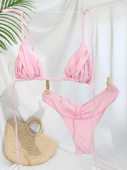 Solid Triangle Bandage Bikini Set - Low Rise Swimwear