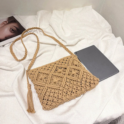 Woven Hollow-Out Straw Crossbody Bag - Tassel Detail