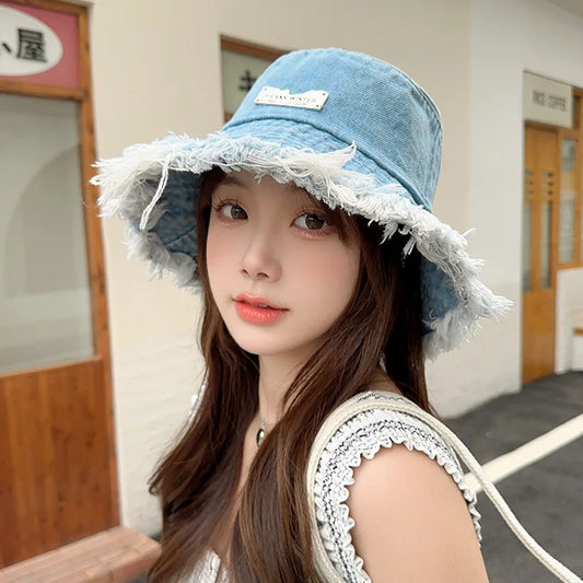 Washed Denim Bucket Hat - Tassel Edge Sun Hat
