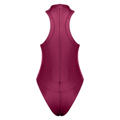 Glossy Halter Monokini Swimsuit - Zip Front