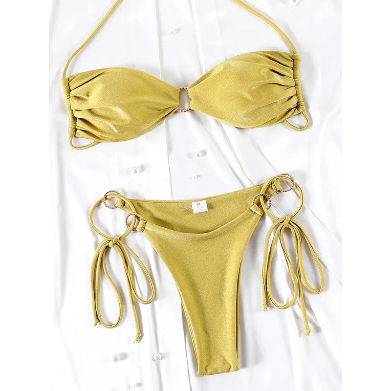 Solid Halter Hollow Out Bikini Set - Two Piece Swimwear