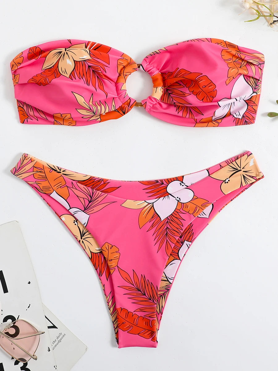 Floral Bandeau Bikini Set - Thong Two Piece Swimwear
