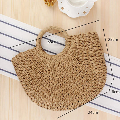 Handmade Moon-Shaped Straw Top Handle Bag