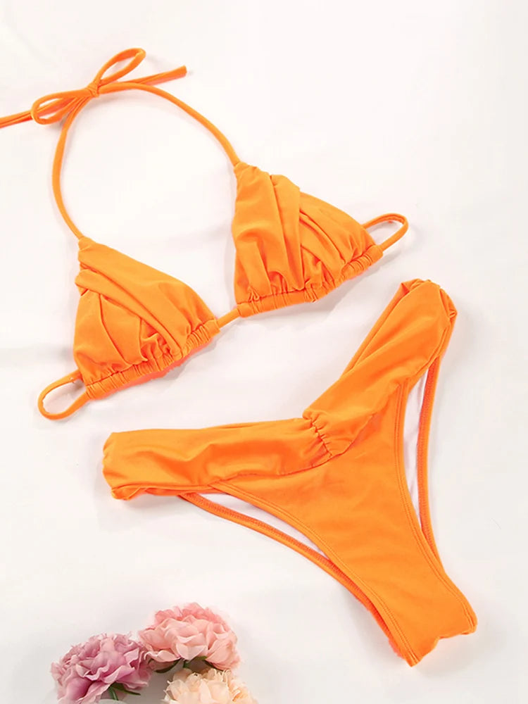 Solid Triangle Bandage Bikini Set - Low Rise Swimwear