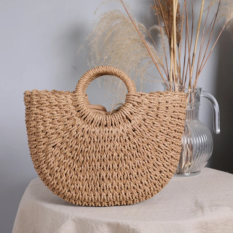 Handmade Moon-Shaped Straw Top Handle Bag
