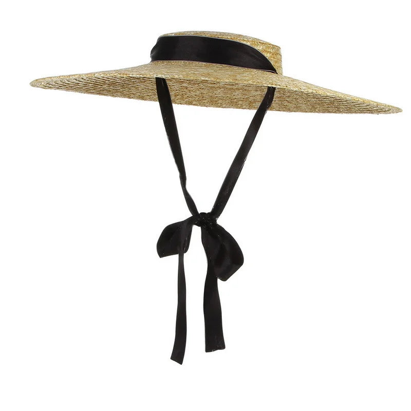 Handmade Flat-Top Straw Sun Hat - Ribbon Accent