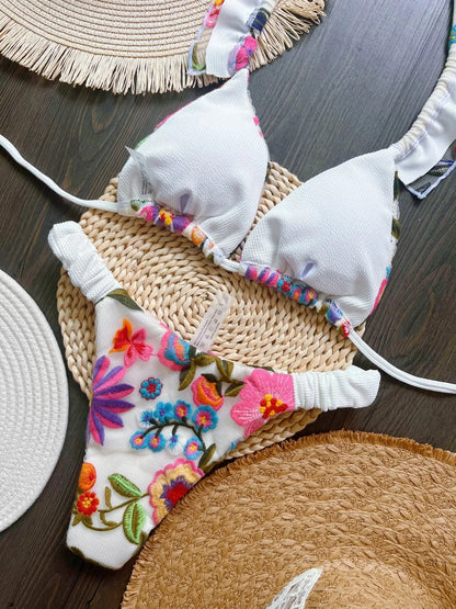 Handmade Embroidery Triangle Bikini Set - Brazilian Swimwear