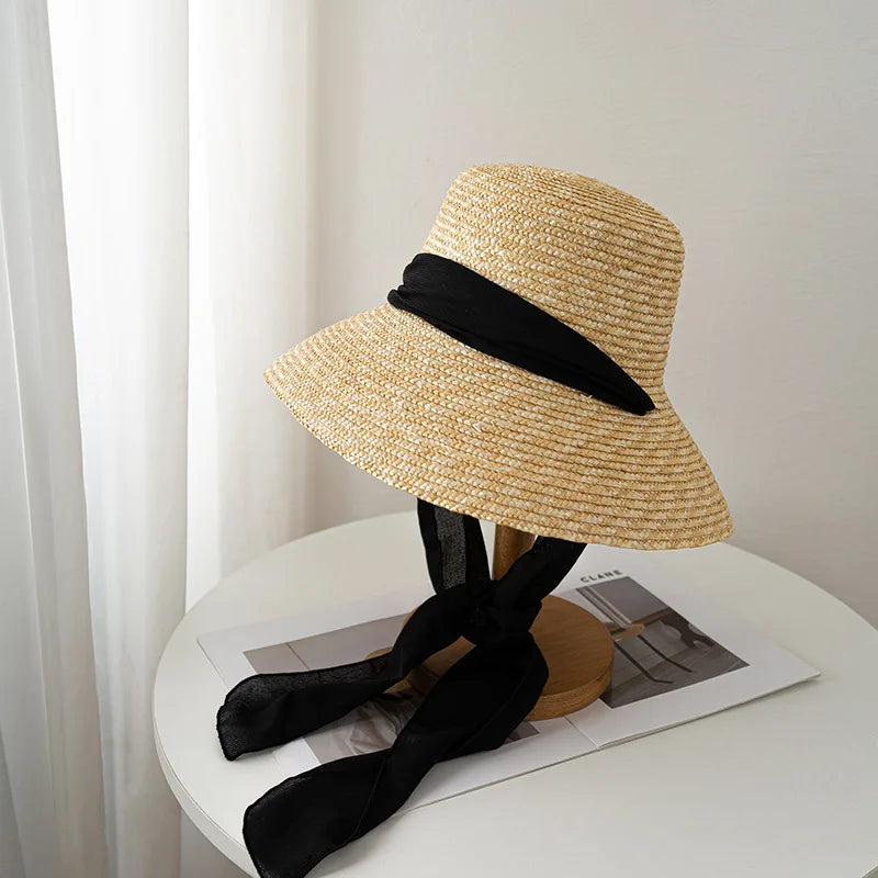 Bow Ribbon Flat-Top Straw Sun Hat - Vacation Style