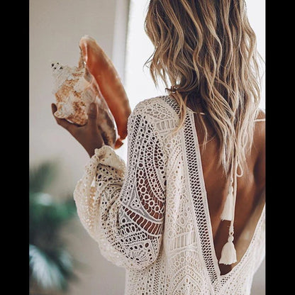 Hollow Out V-Neck Beach Dress - Long Sleeve Resort Cover Up
