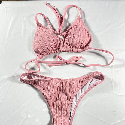 Jacquard Drawstring Bikini Set - Textured Two Piece Swimwear