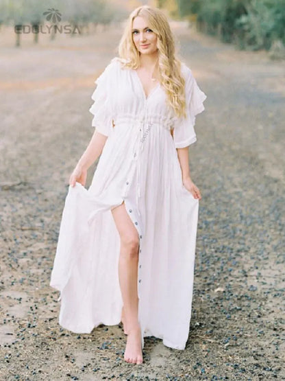 Long White Tunic Cover Up - Elegant Beach Dress
