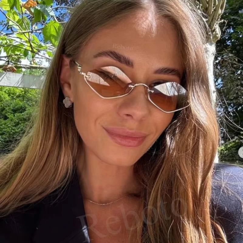 Polygonal Half-Frame Sunglasses - Metal Cat Eye Shades