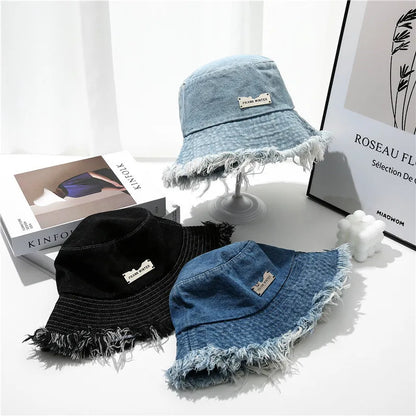 Washed Denim Bucket Hat - Tassel Edge Sun Hat