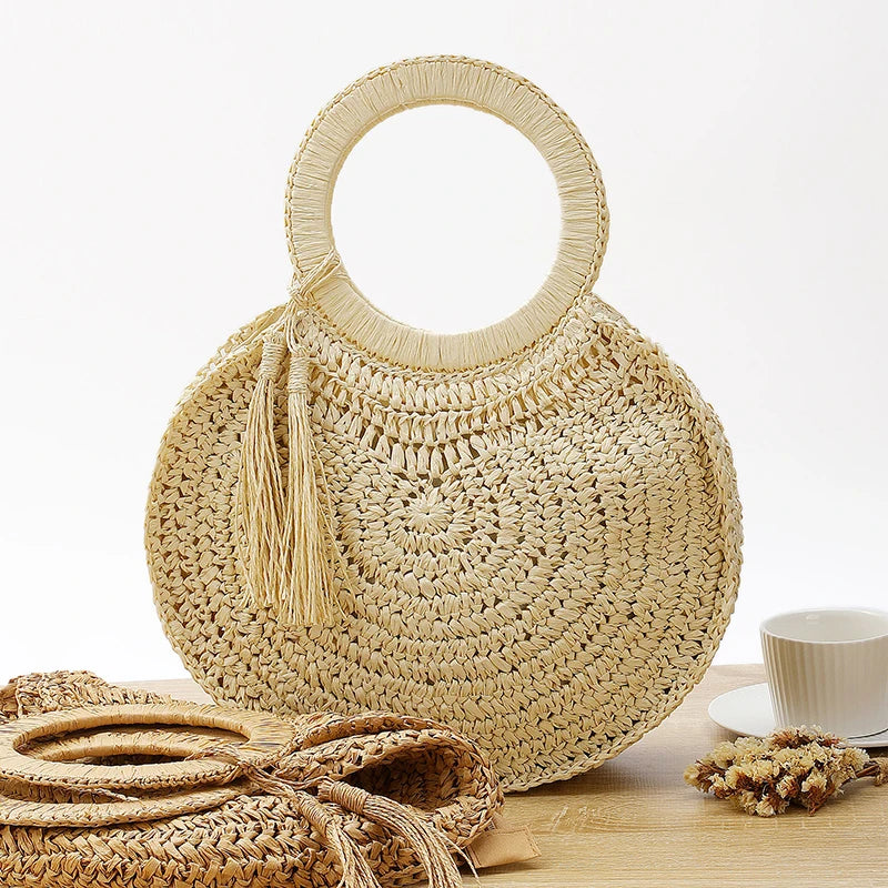 Large Capacity Rattan Straw Shopper Tote - Wood Handle