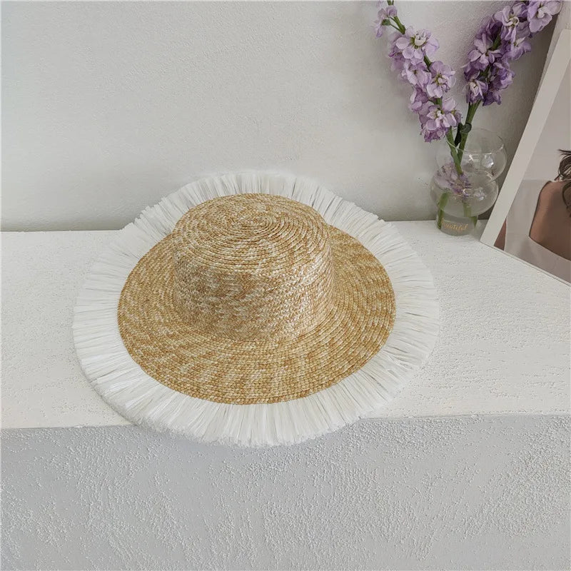 Bow Ribbon Flat-Top Straw Sun Hat - Vacation Style