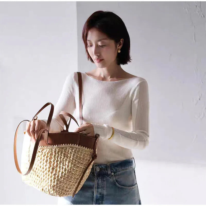 2-in-1 Woven Straw Shoulder Bag - Large Capacity