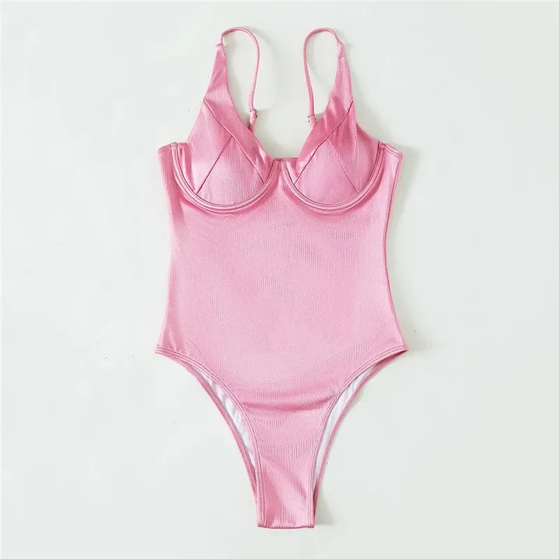 Pink Push-Up One-Piece Swimsuit - Underwired High Cut Swimwear