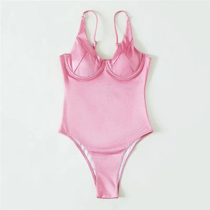 Pink Push-Up One-Piece Swimsuit - Underwired High Cut Swimwear