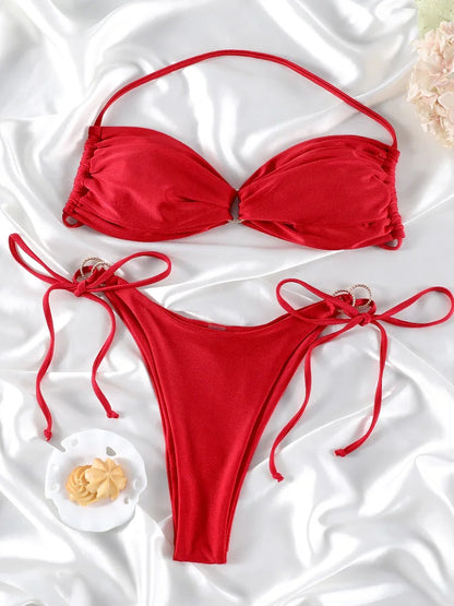 Solid Halter Hollow Out Bikini Set - Two Piece Swimwear