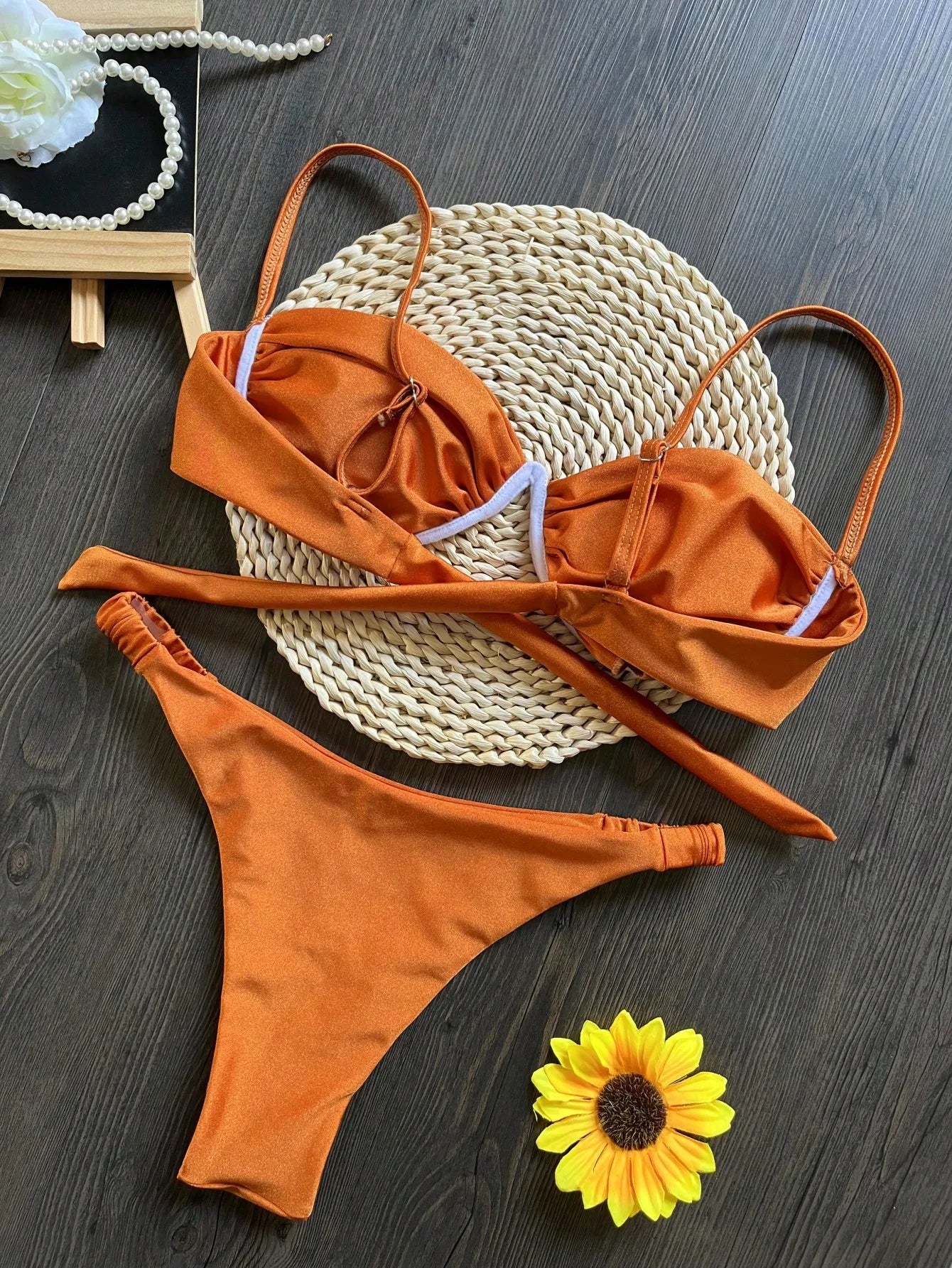 3D Flower V Wire Bikini Set - Underwired Thong Swimwear