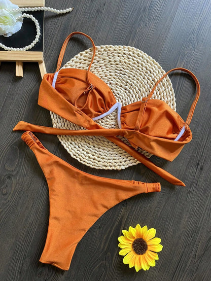 3D Flower V Wire Bikini Set - Underwired Thong Swimwear