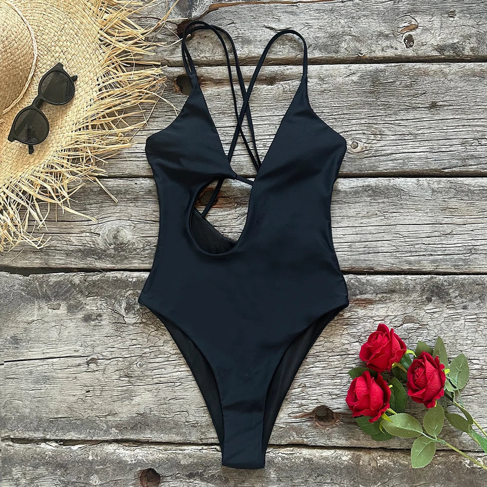 Solid Push-Up One-Piece Swimsuit - Adjustable Strap Monokini