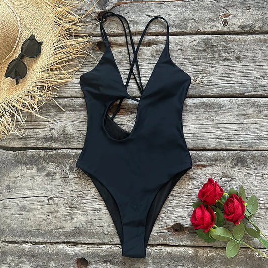Solid Push-Up One-Piece Swimsuit - Adjustable Strap Monokini