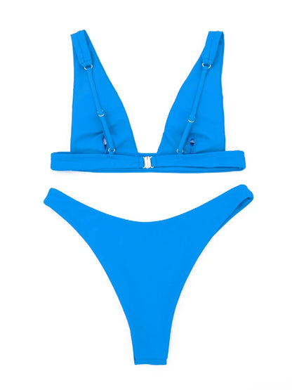 Solid V Neck Low Waist Bikini Set - Brazilian Swimwear