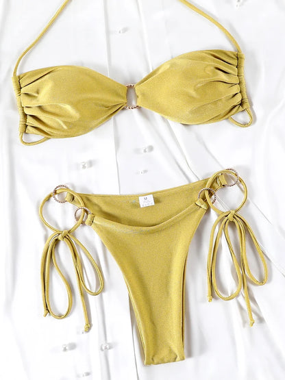 Solid Halter Hollow Out Bikini Set - Two Piece Swimwear